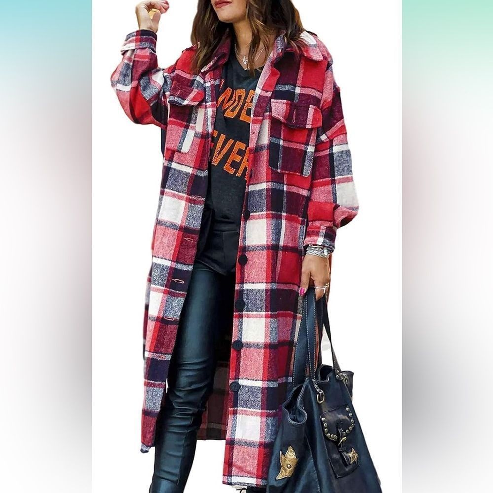NWT Women's Blend Long Plaid Shirt Jacket Button Shacket Pocketed Flannel Coat - Picture 3 of 6